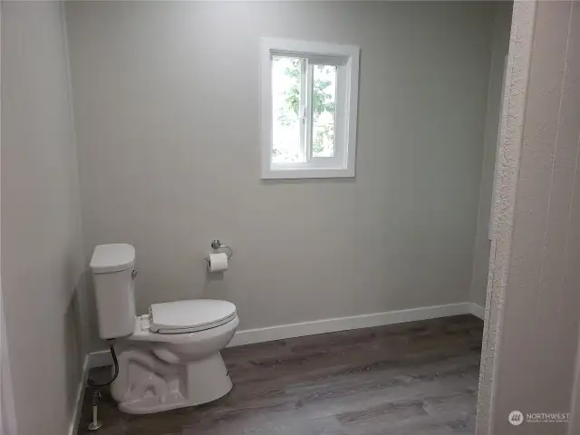 Another Picture of the roomy Primary Master Bathroom Showing All New Toilet, Paint and Vinyl Plank Flooring.