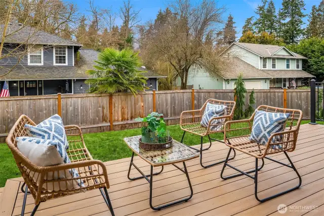 Spacious back patio overlooks a level lawn and fully-fenced yard.