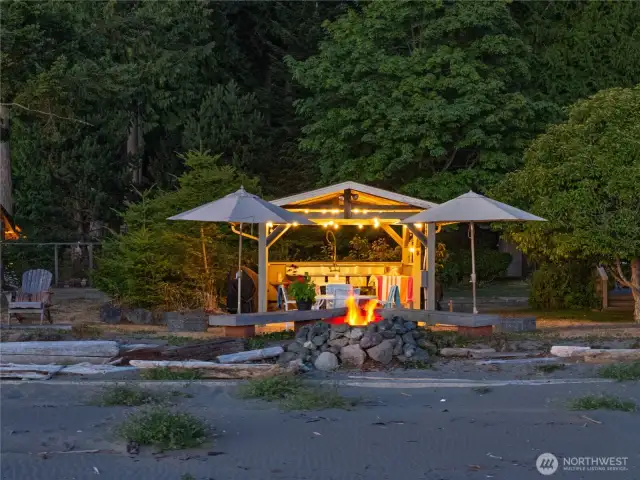 Kitchen cabana, firepit, beach.