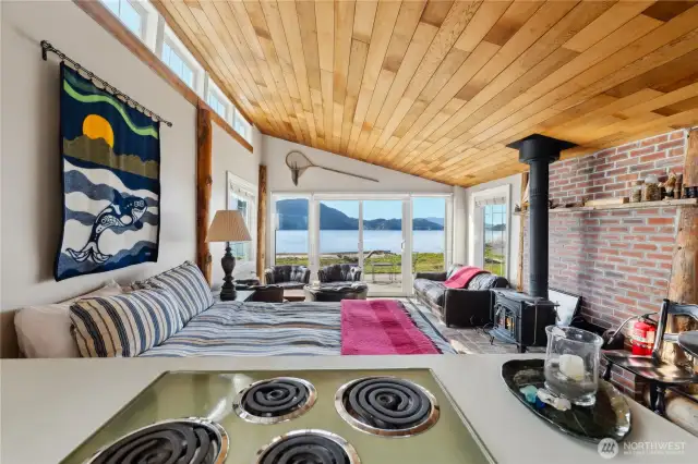 Cabin has seating area & kitchen.