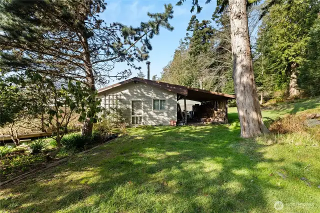 Garage for cabin with wood shed.