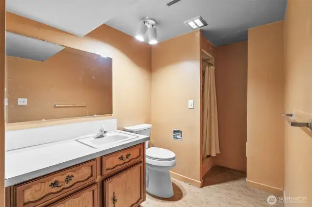 Basement bathroom with vanity and shower stall.