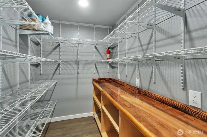 Tons of useful storage space in this walk-in pantry.