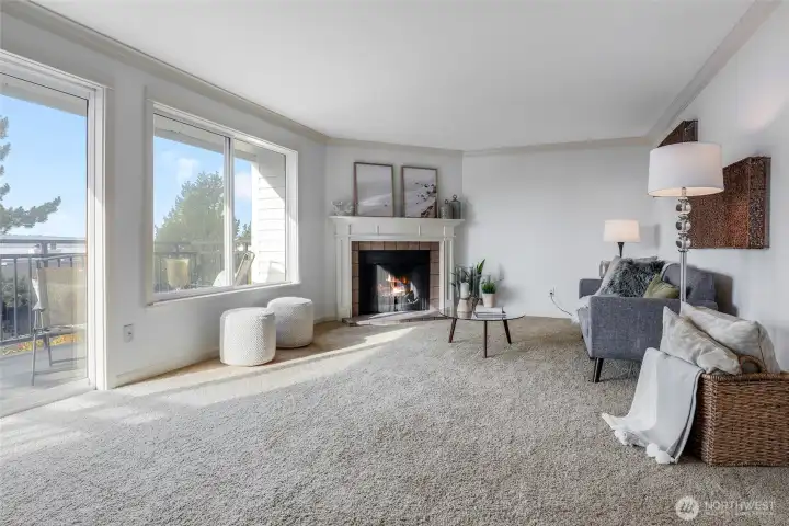 Relax in your elegant, spacious living room with real wood burning fireplace.