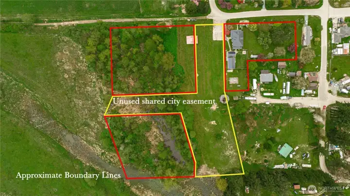 This map shows all 3 parcels in red outline. Yellow outline is the unused shared city easement