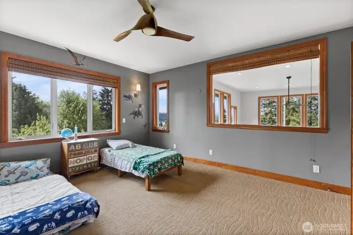 Second bedroom upstairs situated with views of Lake Whatcom and Bellingham Bay