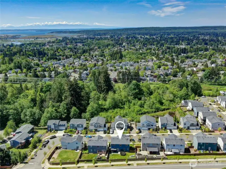 Aerial view looking west towards the water.