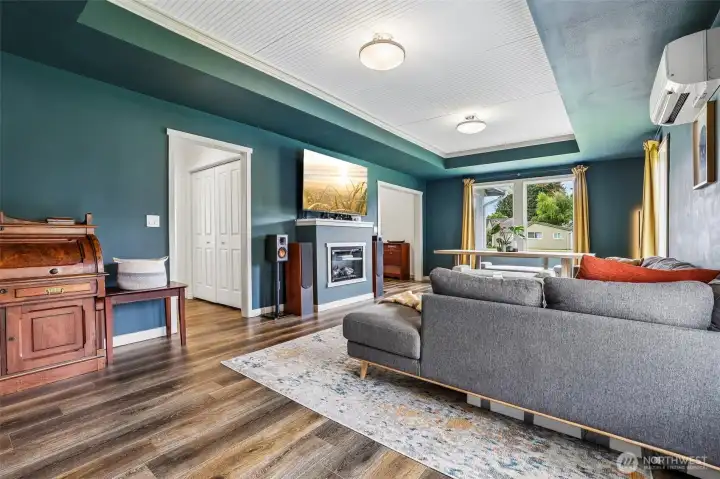 Electric Fireplace creates ambiance in the living room. Electric Fireplace creates ambiance in the living room.