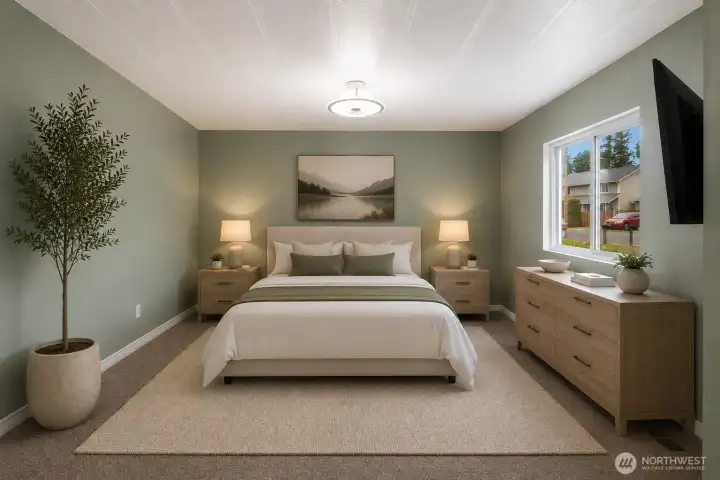 The spacious primary suite offers a peaceful retreat with direct access to the ensuite bath.