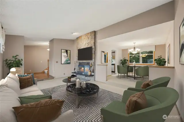 form living room with large wood fireplace and large windows