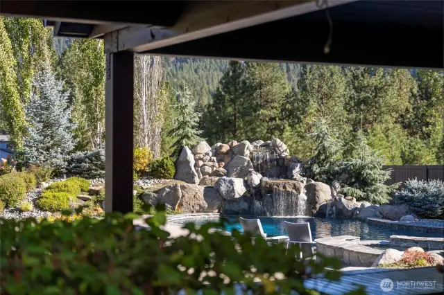 Patio view of custom waterfall