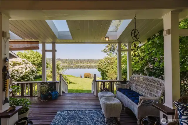 Spacious covered deck with skylights looking towards Ostrich Bay