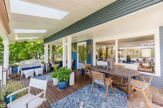 Spacious covered deck with skylights