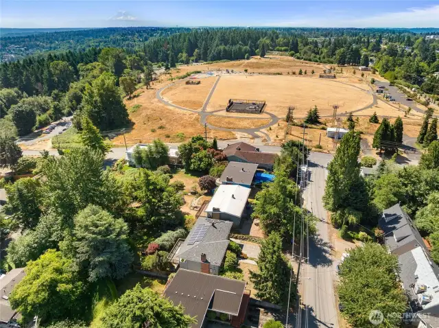 House looking South and a half block to Westcrest Park where there are trails, a dog park, a playground and a neighborhood P-patch.