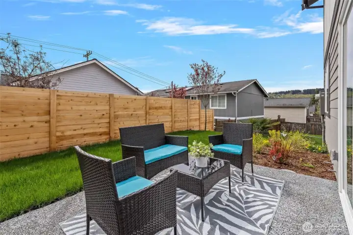 Nice, Southwest exposed patio and yard.