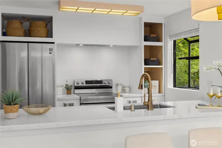 Quartz countertops, under-mounted work station sink and smart electric range.