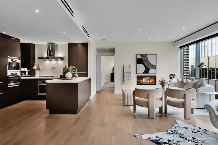 Unit 1205 kitchen is open to the living room