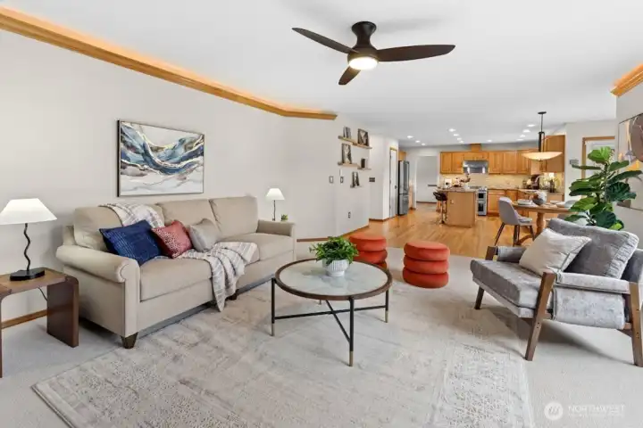 Large family room with gas fireplace