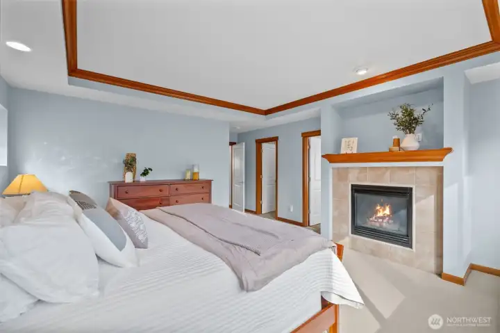 Primary suite with a view towards doors to the spacious walk-in closet and luxurious en-suite bathroom.