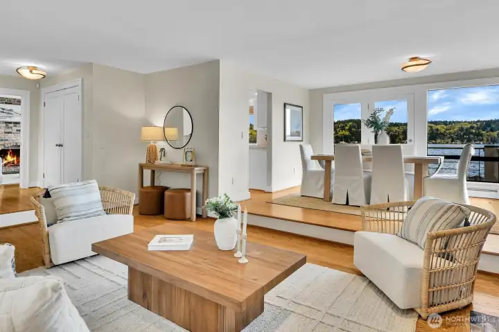 One step-up brings you to the dining room and HUGE Lake Washington views.