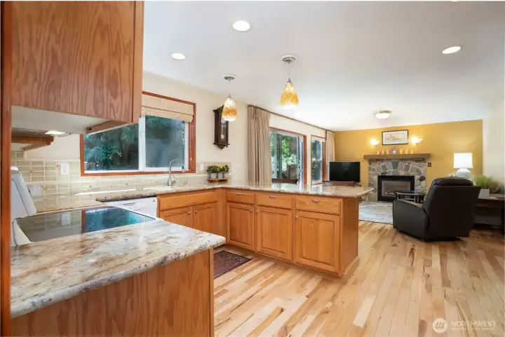 Kitchen with great room beyond.