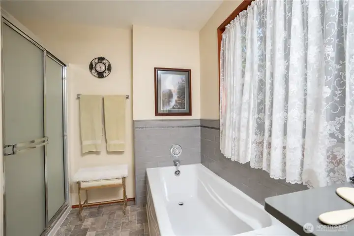 Soaking tub in the primary bathroom