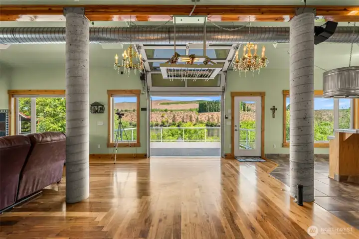 Bare concrete post are featured throughout the inside and outside.