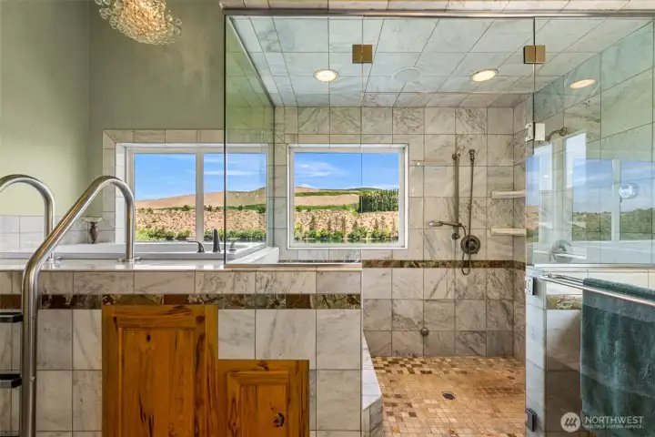 The deluxe step up soaking jetted tub, walk in shower with steam-effect and private space for the lady of the house.