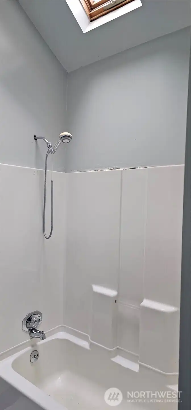 Shower/tub and bright skylight.