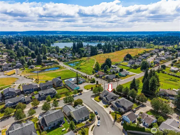Aerial view showcasing the home’s prime location near Blackmans Lake, just minutes from downtown Snohomish, schools, parks, and everyday conveniences.