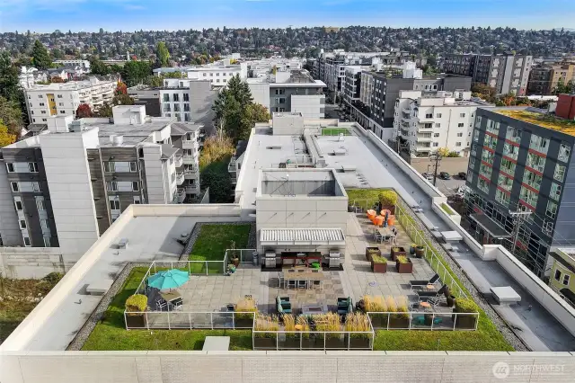 Wonderful rooftop deck with BBQ, seating, firepit and dog run,  offers sweeping views