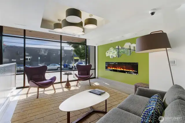 Inviting Lobby with couches and fireplace