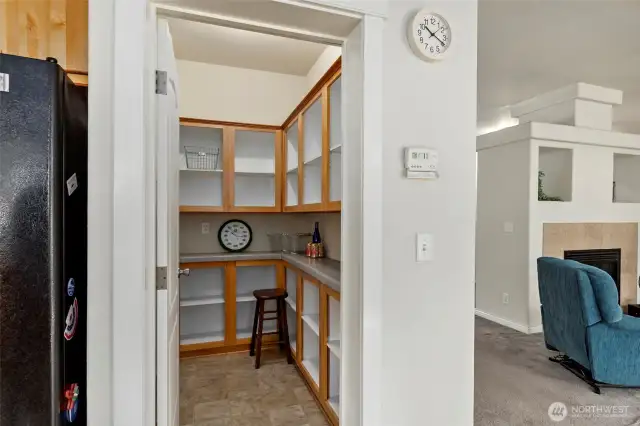 A walk in pantry with space for another refrigerator or freezer.