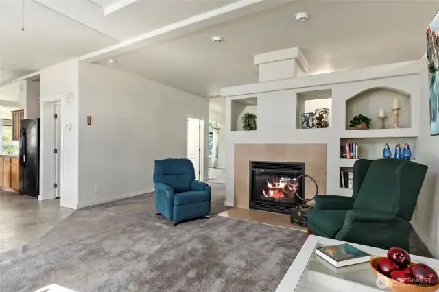 The family room with a cozy gas fireplace.