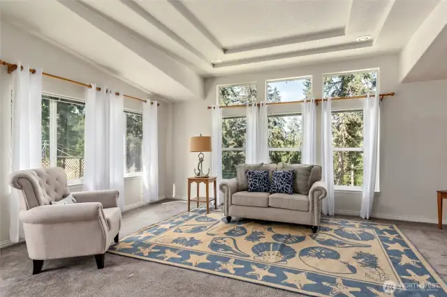 Tons of natural light flooding this spacious, coffered ceiling living room.