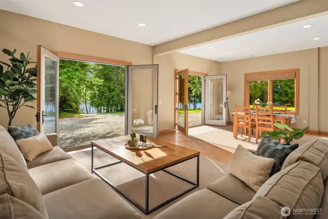 Spacious living room with french doors in Bunk House.