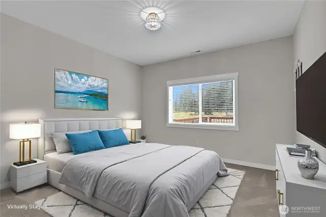Primary bedroom in the ADU. This is virtually staged but gives a good idea of how to set up your own bedroom.