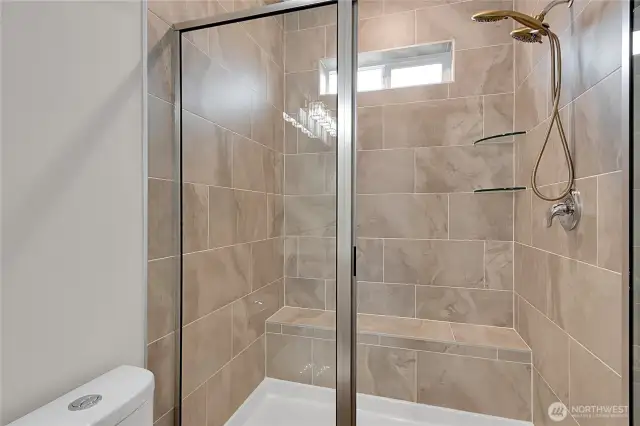 The shower has a nice seat in case you need to the support