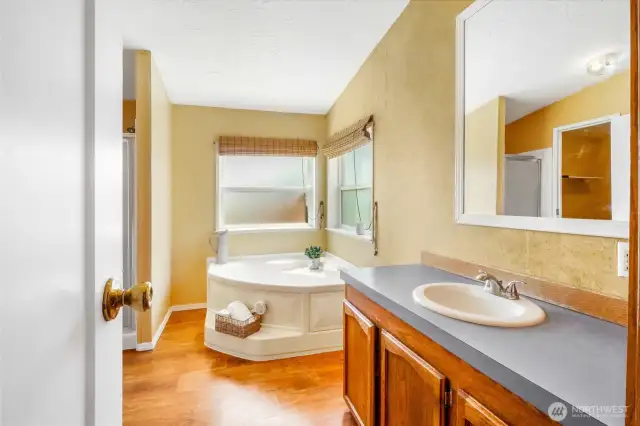 a primary suite with spa tub and walk-in shower