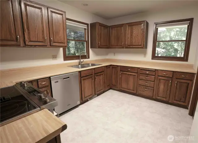 Large kitchen with views to the backyard.