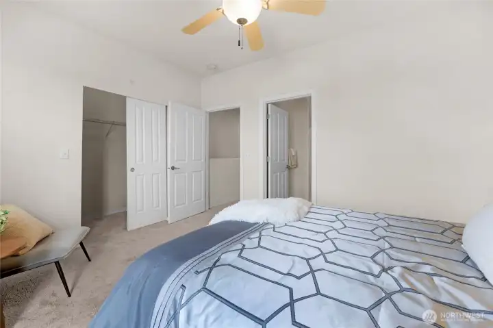 Primary suite with step-in closet and on-suite bathroom.