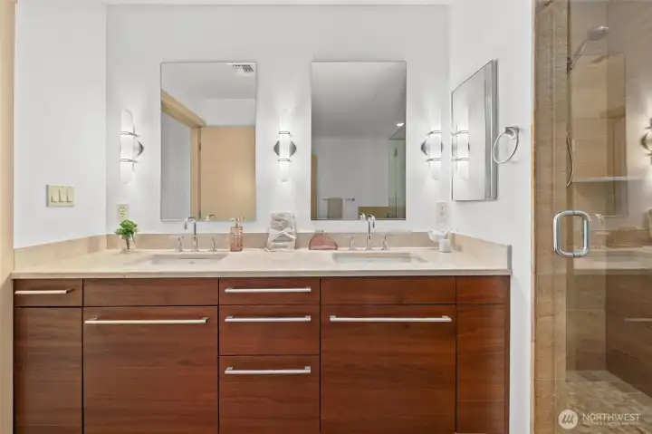 Double sink with solid wood cabinets and