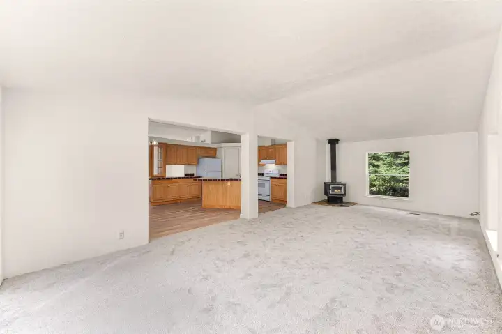 Vaulted ceilings in the family room gives a spacious feeling