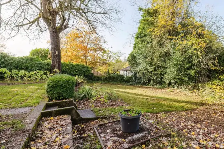 Foliage along the fence provides a backyard oasis.
