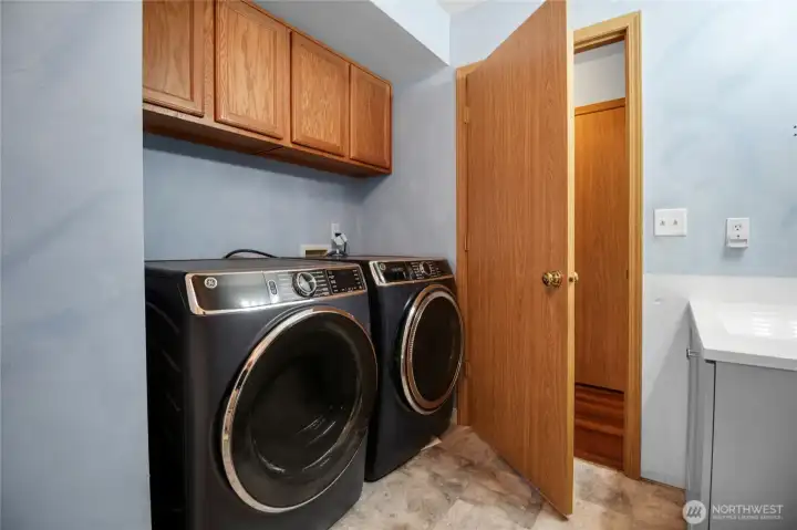 Laundry room located within the full bath on the lower level.