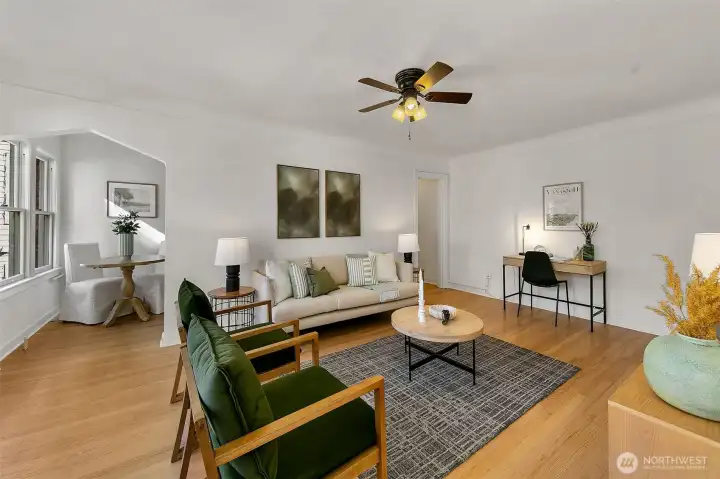 Living is open to the dining space.