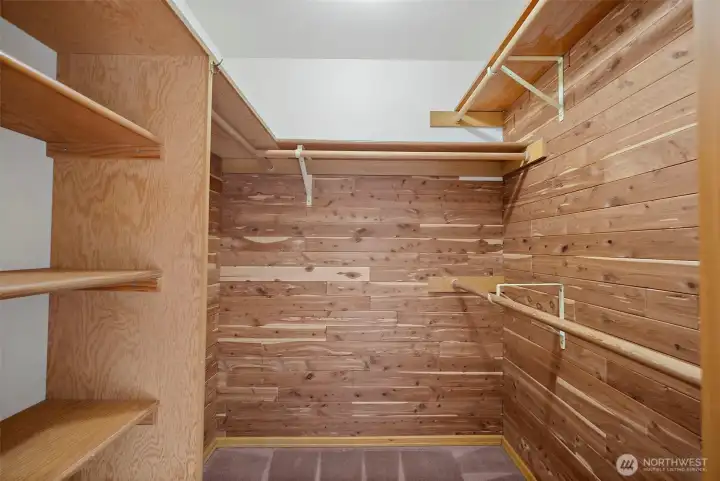 The cedar lining makes the walk-in primary closet extra special.