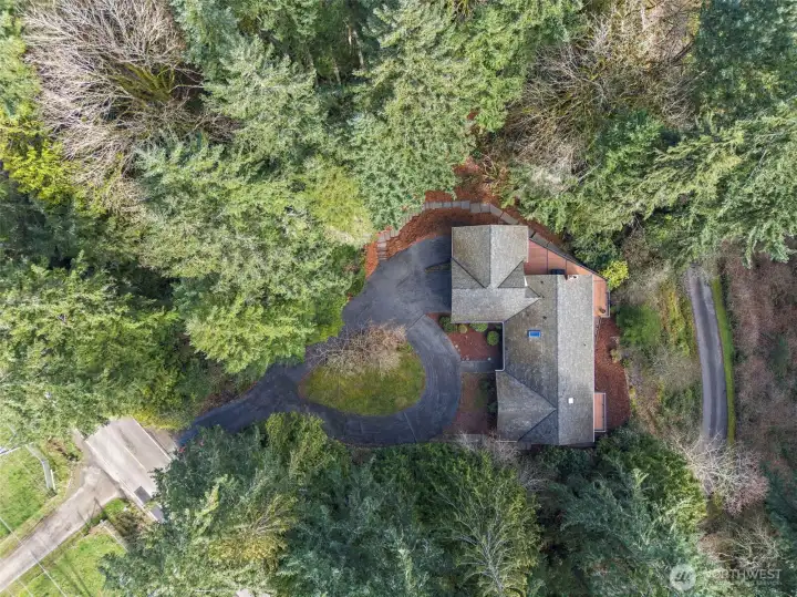 A dramatic overhead view of the property.