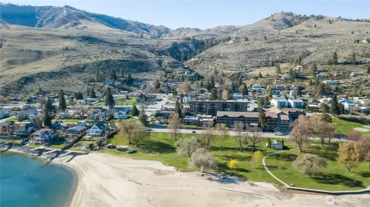 Drone footage of sandy shoreline from Lakeside park