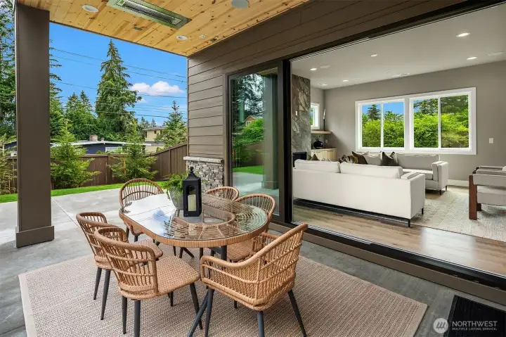 Indoor/outdoor space to gather and enjoy the beautiful weather. Built in ceiling heaters will keep you comfortable even when it turns chilly. plumbed for gas BBQ. Indoor/outdoor space to gather and enjoy the beautiful weather. Built in ceiling heaters will keep you comfortable even when it turns chilly. plumbed for gas BBQ.